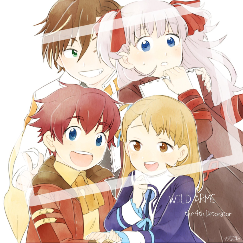 2boys, 2girls, arnaud_g._vasquez, blue_eyes, brown_eyes, brown_hair, coat, dress, green_eyes, hair_ribbon, highres, jude_maverick, kanagon_(denebu00), long_hair, looking_at_viewer, multiple_boys, multiple_girls, open_mouth, raquel_applegate, ribbon, short_hair, simple_background, smile, two_side_up, white_background, wild_arms, wild_arms_4, yulie_ahtreide