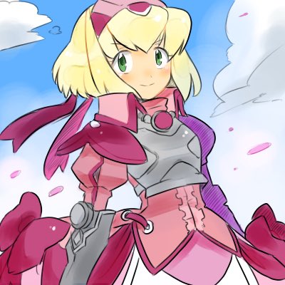 1girl, alexia_lynn_elesius, armor, armored_dress, blonde_hair, blush, closed_mouth, clouds, dress, gloves, green_eyes, hairband, kanagon_(denebu00), looking_at_viewer, lowres, short_hair, smile, solo, wild_arms, wild_arms_xf