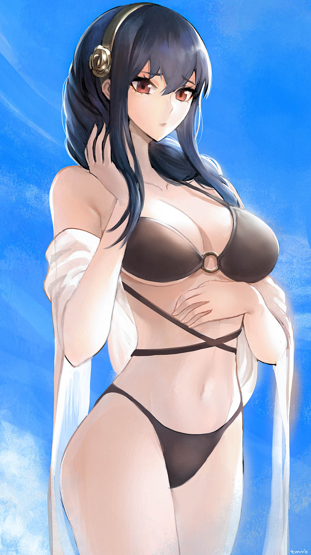 1girl, alternate_hairstyle, bangs, bare_shoulders, bikini, black_hair, blush, breasts, gold_hairband, hair_down, hairband, highres, jacket, jewelry, large_breasts, long_hair, off_shoulder, red_eyes, sidelocks, solo, spy_x_family, swimming, swimsuit, tommy_(kingdukeee), undefined, yor_briar