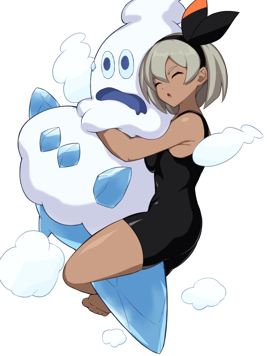 1girl, :o, absurdres, bangs, barefoot, bea_(pokemon), black_bodysuit, black_hairband