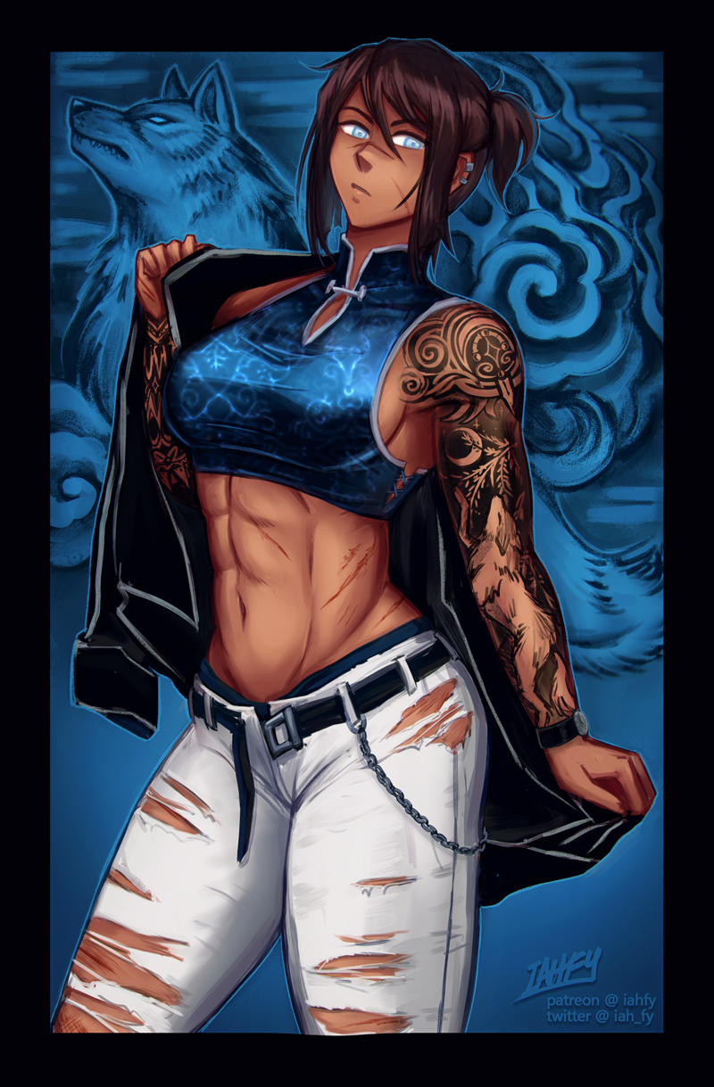 1girl, abs, arm_tattoo, artist_name, avatar_legends, bare_shoulders, belt, belt_buckle