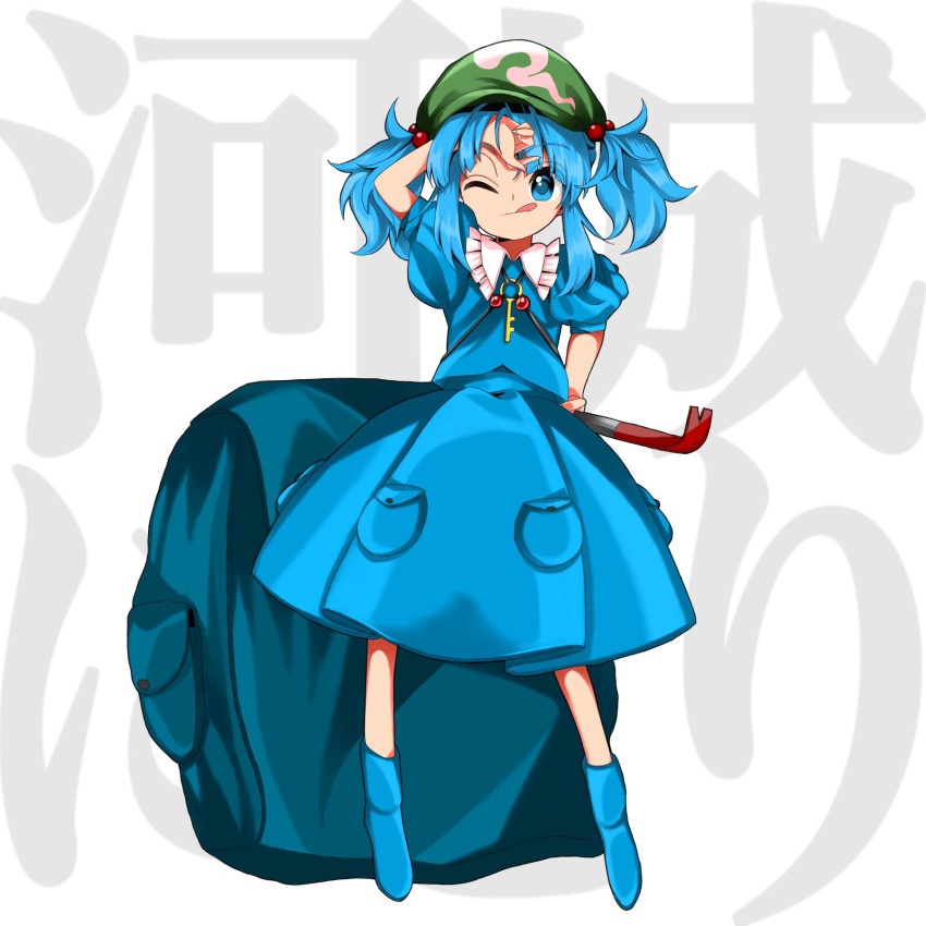 1girl, backpack, bag, bangs, blue_bag, blue_eyes, blue_footwear, blue_hair, blue_shirt, blue_skirt, boots, cabbie_hat, closed_mouth, collared_shirt, commentary, crowbar, eyebrows_visible_through_hair, flat_cap, frilled_shirt_collar, frills, full_body, green_headwear, hair_bobbles, hair_ornament, hand_in_own_hair, harukawa_moe_(style), hat, highres, holding, kappa, kawashiro_nitori, keiki8296, key, key_necklace, medium_hair, one_eye_closed, oversized_object, pocket, puffy_short_sleeves, puffy_sleeves, rubber_boots, shirt, short_sleeves, short_twintails, sidelocks, skirt, skirt_set, solo, standing, tongue, tongue_out, touhou, twintails, two_side_up