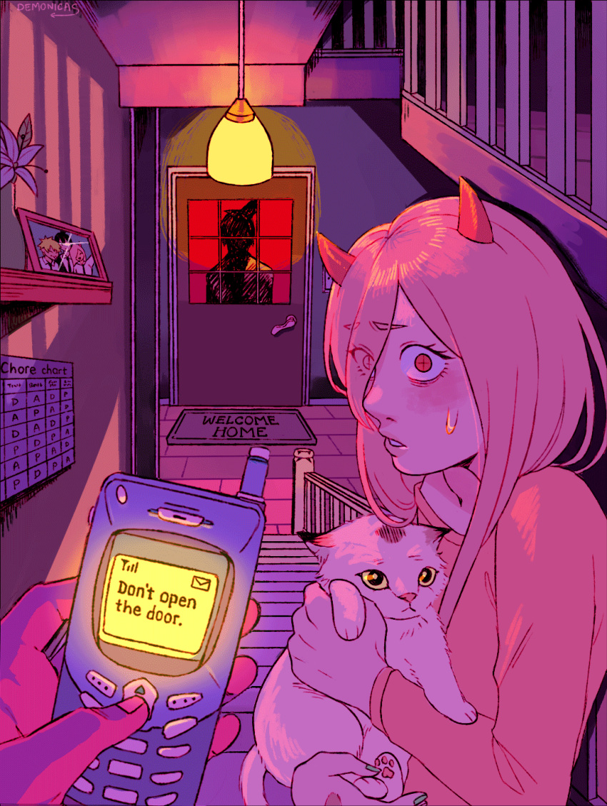 +_+, 1girl, animal, animated, animated_gif, basstual, cat, cellphone, chainsaw_man, denji_(chainsaw_man), doormat, english_text, flickering, flip_phone, green_nails, hair_over_one_eye, hanging_light, hayakawa_aki_(chainsaw_man), highres, holding, holding_animal, horns, horror_(theme), long_hair, long_sleeves, looking_at_viewer, meowy_(chainsaw_man), nail_polish, parted_lips, phone, photo_(object), pink_hair, pink_shirt, pov, pov_hands, power_(chainsaw_man), purple_theme, red_eyes, shadow, shirt, signature, silhouette, stairs, sweat, sweatdrop, trembling, vase