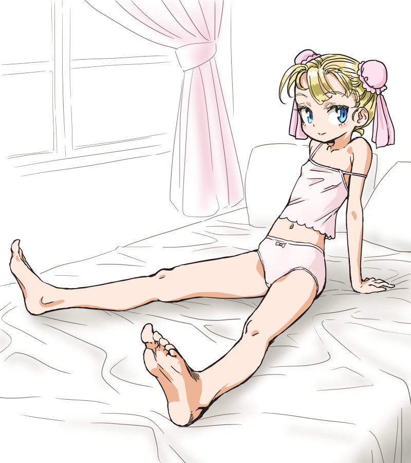 1girl, barefoot, bed, blonde_hair, blue_eyes, bun_cover, chrono_cross, closed_mouth