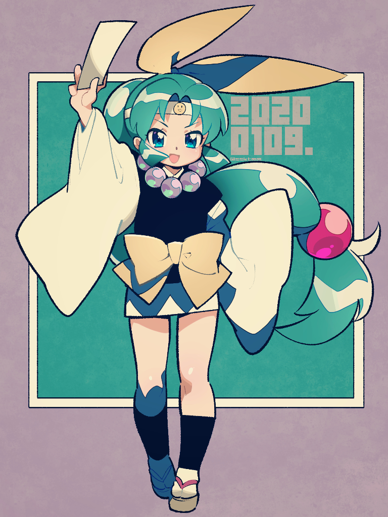 1girl, blue_eyes, dated, fujimoto_hideaki, full_body, green_hair, headband, japanese_clothes, long_hair, looking_at_viewer, miyabi_(ninin_ga_shinobuden), ninin_ga_shinobuden, open_mouth, skirt, sleeves_past_wrists, smile, smiley_face, solo
