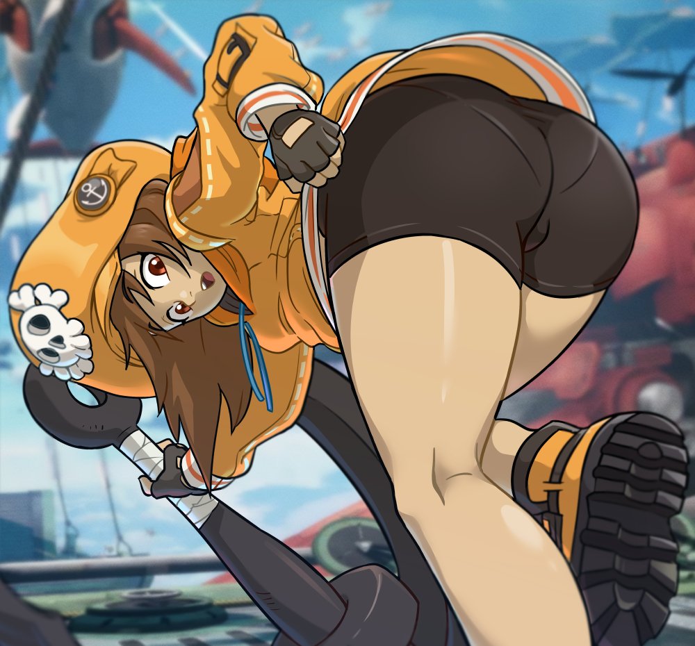 1girl, anchor, ass, bent_over, bike_shorts, blurry, blurry_background, brown_hair, centinel303, fingerless_gloves, gloves, guilty_gear, guilty_gear_strive, hat, holding, holding_anchor, hood, hoodie, long_hair, looking_at_viewer, may_(guilty_gear), open_mouth, orange_headwear, orange_hoodie, pantylines, pirate_hat, skull_and_crossbones, solo