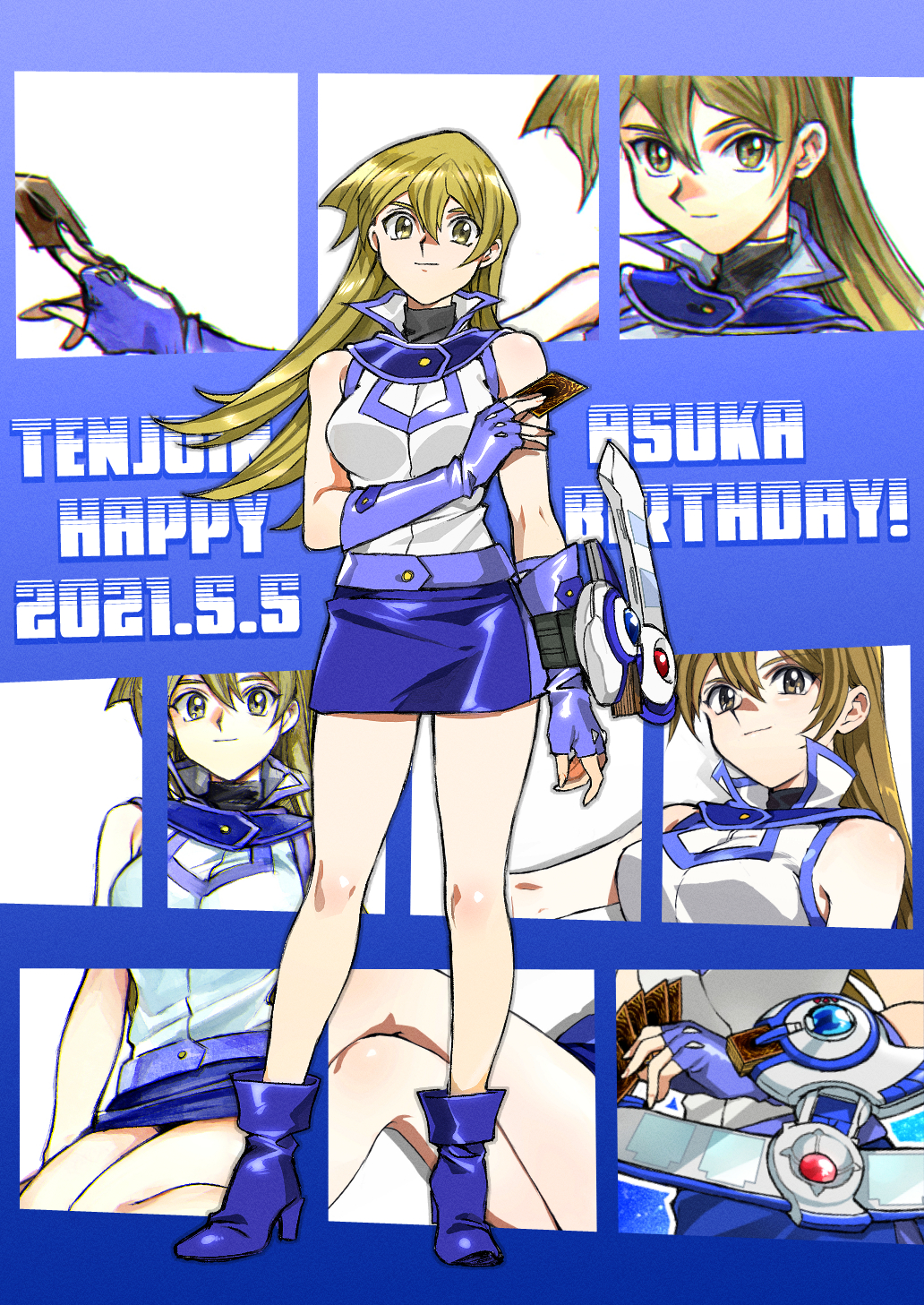 1girl, 203wolves, ankle_boots, bangs, bare_shoulders, belt, beltskirt, blonde_hair, blue_footwear, blue_skirt, boots, breasts, card, character_name, commentary_request, duel_academy_uniform_(yu-gi-oh!_gx), duel_disk, elbow_gloves, eyebrows_visible_through_hair, fingerless_gloves, full_body, gloves, highres, holding, long_hair, looking_at_viewer, medium_breasts, miniskirt, multiple_views, shiny, shiny_clothes, shiny_hair, simple_background, skirt, sleeveless, smile, standing, tenjouin_asuka, thighs, uniform, yellow_eyes, yu-gi-oh!, yu-gi-oh!_gx