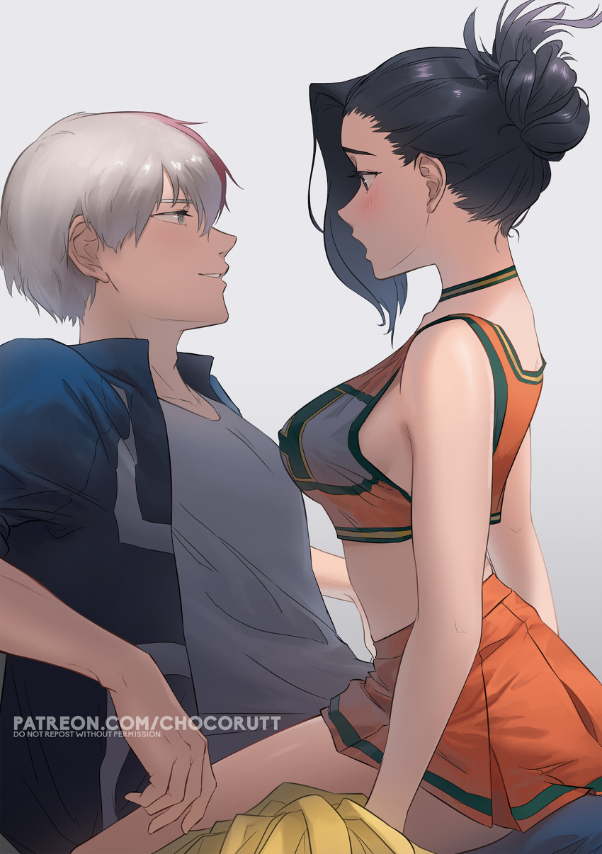 1boy, 1girl, black_hair, blush, boku_no_hero_academia, breasts, cheerleader, choco_rutt