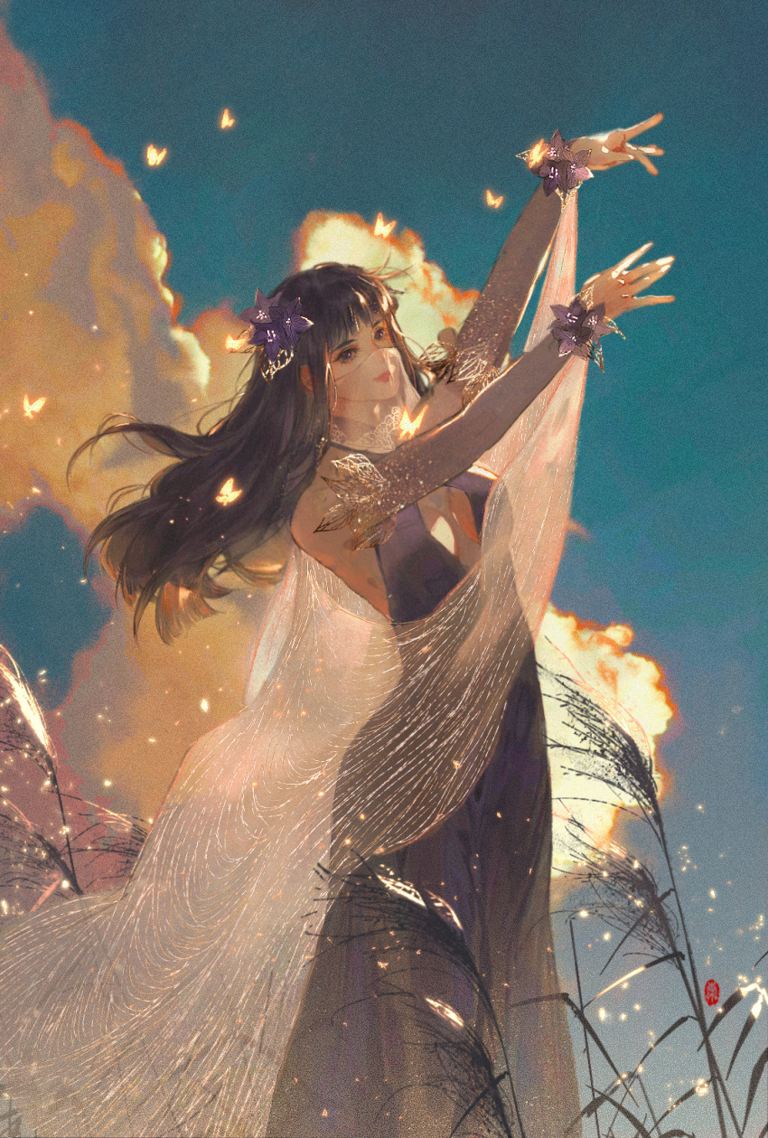 1girl, bug, butterfly, clouds, dress, gloves, hair_ornament, highres, huayi_tang, long_hair, purple_dress, purple_hair, qin_shi_ming_yue, reeds, see-through, shao_siming_(qin_shi_ming_yue), silk, sparkle, upper_body