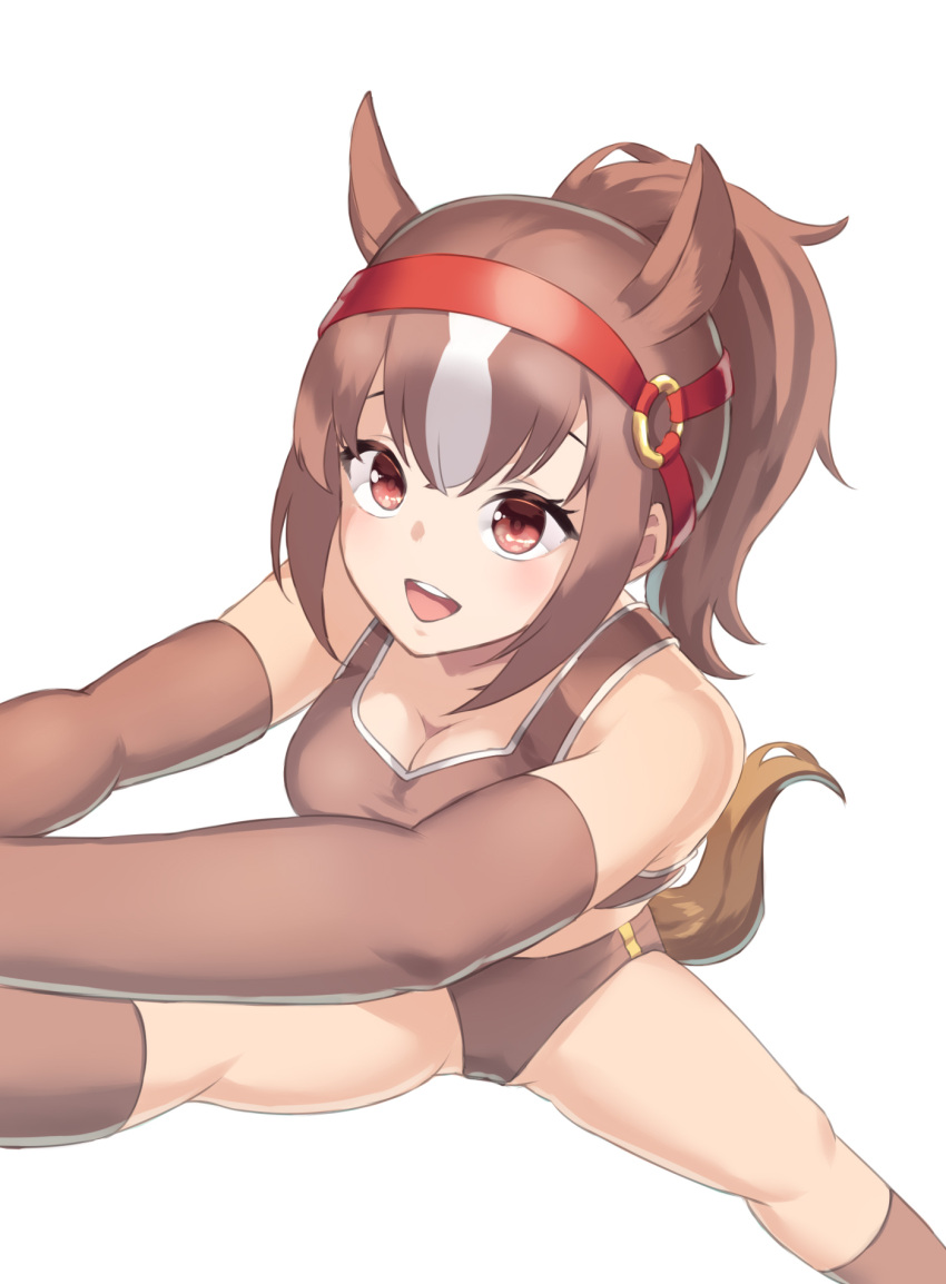 1girl, animal_ears, bare_shoulders, brown_buruma, brown_gloves, brown_hair, brown_legwear, brown_sports_bra