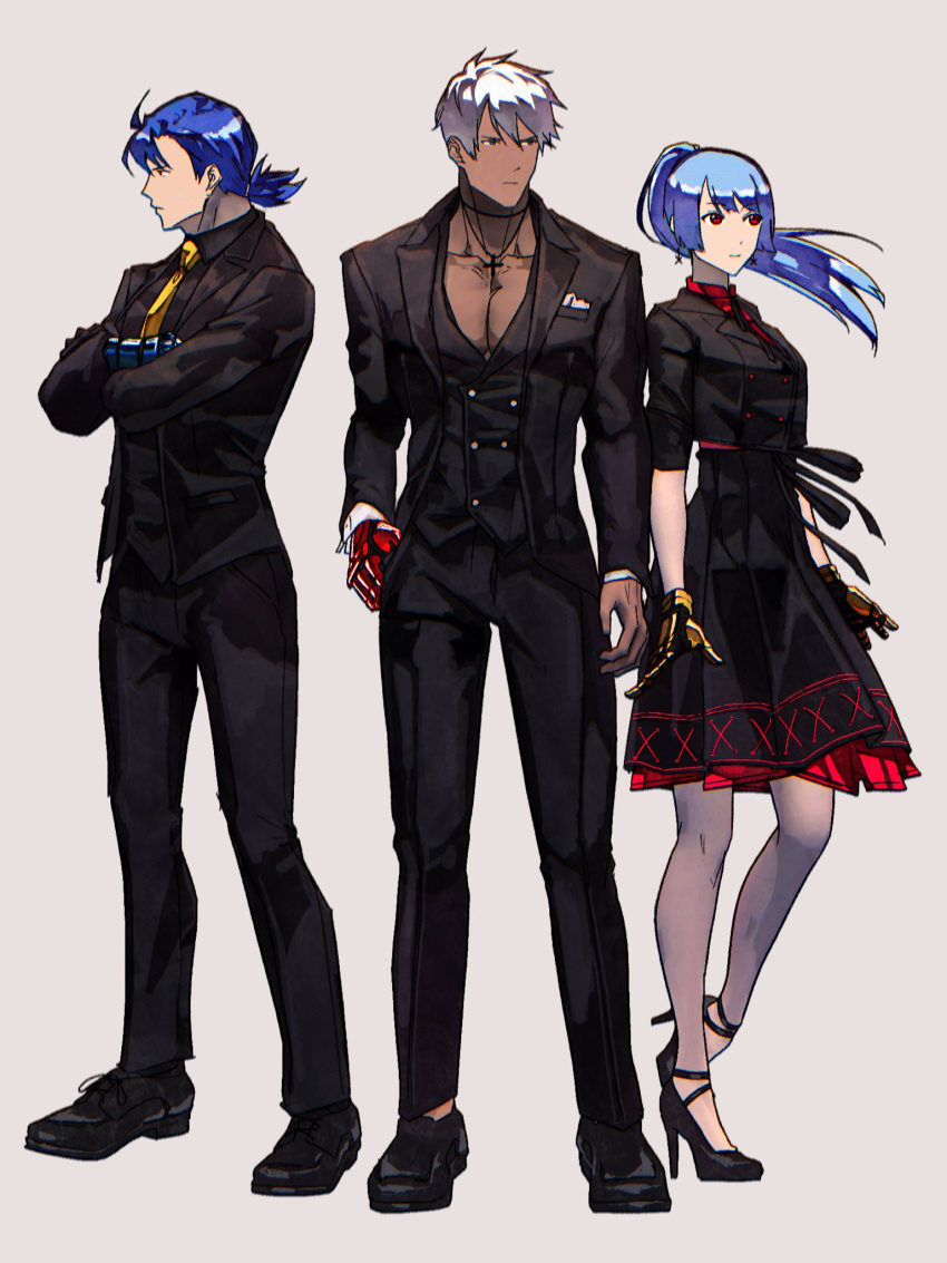 1girl, 2boys, bangs, black_dress, black_footwear, black_jacket, black_pants, blue_gloves