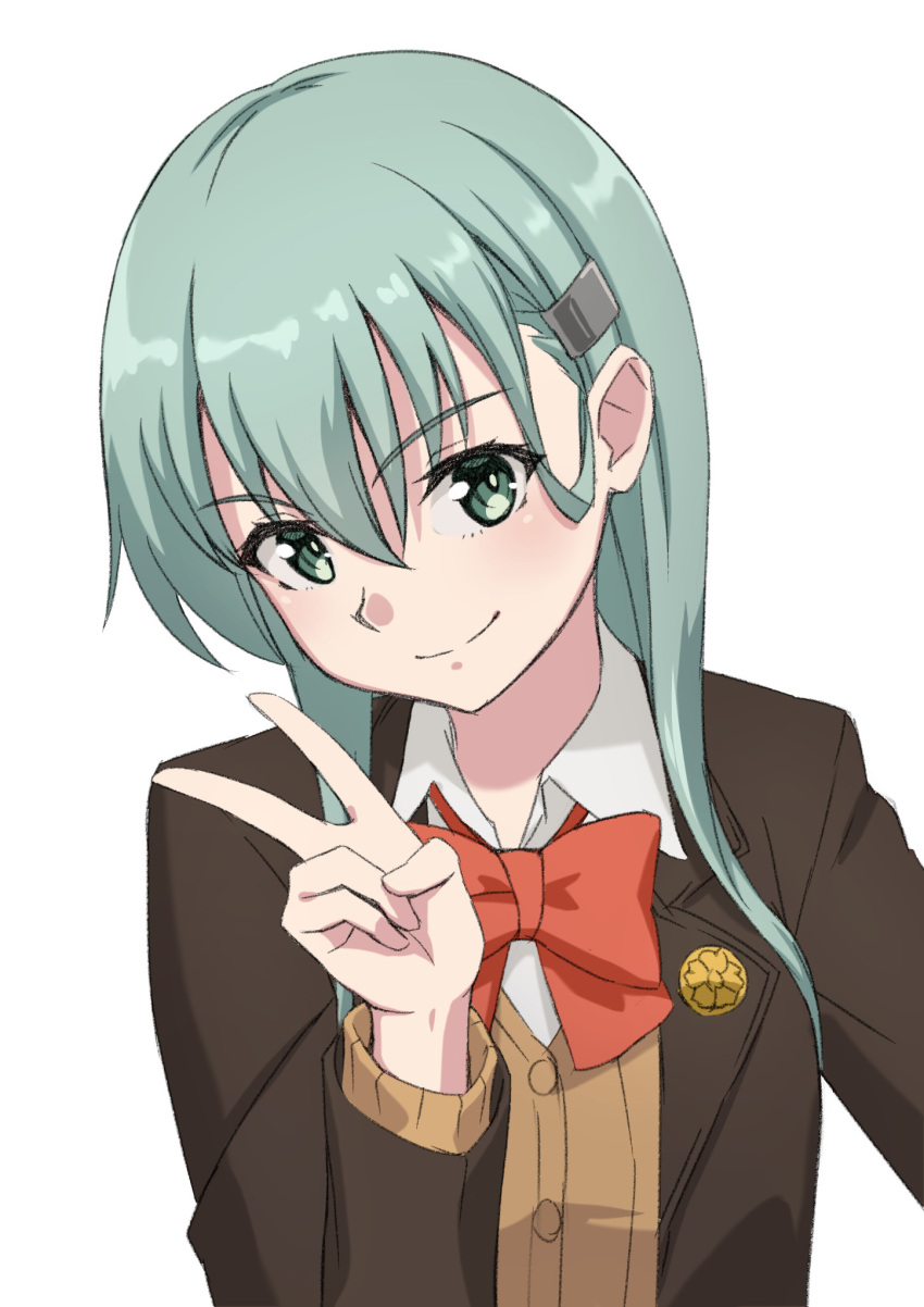 1girl, aqua_eyes, aqua_hair, bangs, blazer, bow, bowtie, brown_jacket