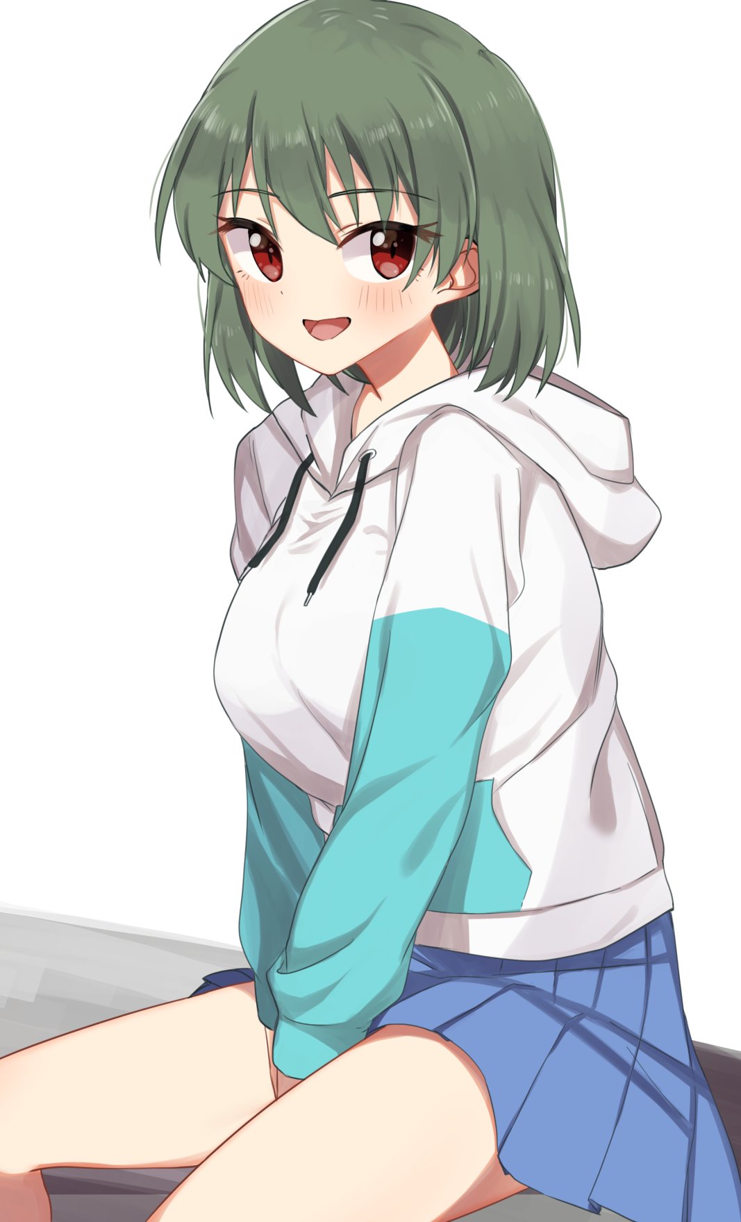 1girl, :d, blue_skirt, blush, breasts, green_hair, highres, idolmaster