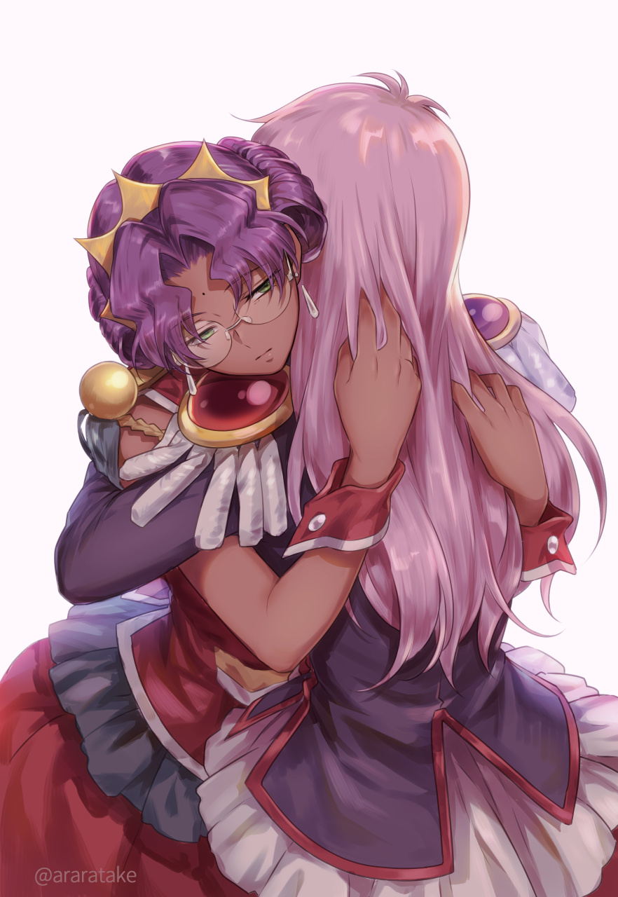2girls, araratake, bangs, bindi, closed_mouth, commentary, crown, dark-skinned_female