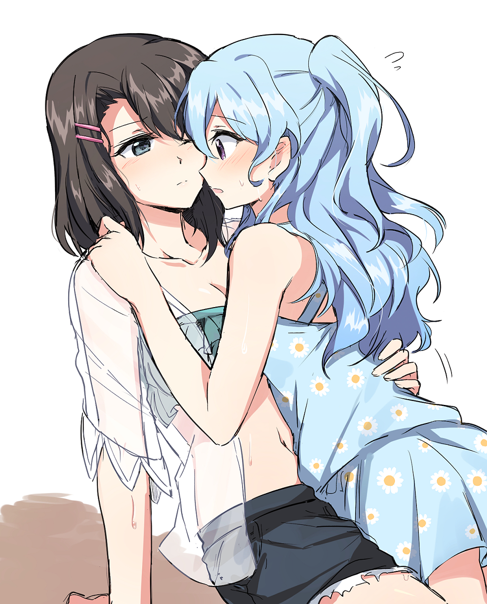 2girls, aoiro_050, bang_dream!, bangs, black_hair, blush, character_hair_ornament, dress, floral_print, grey_eyes, hair_ornament, highres, light_blue_hair, long_hair, matsubara_kanon, medium_hair, multiple_girls, okusawa_misaki, open_mouth, see-through, shorts, violet_eyes, white_background, yuri