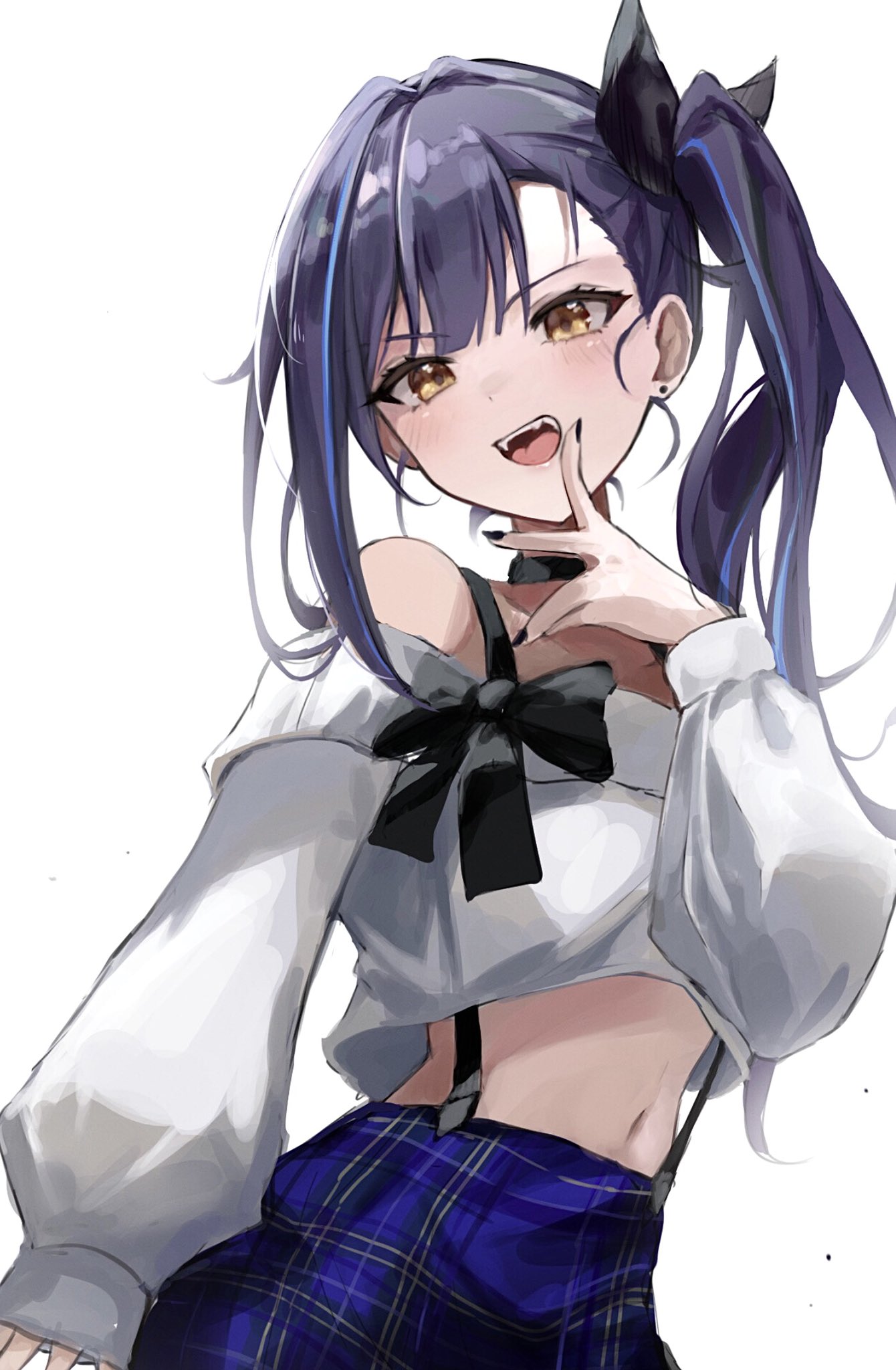 1girl, bare_shoulders, black_nails, blue_skirt, blush, choker, crop_top, crop_top_overhang