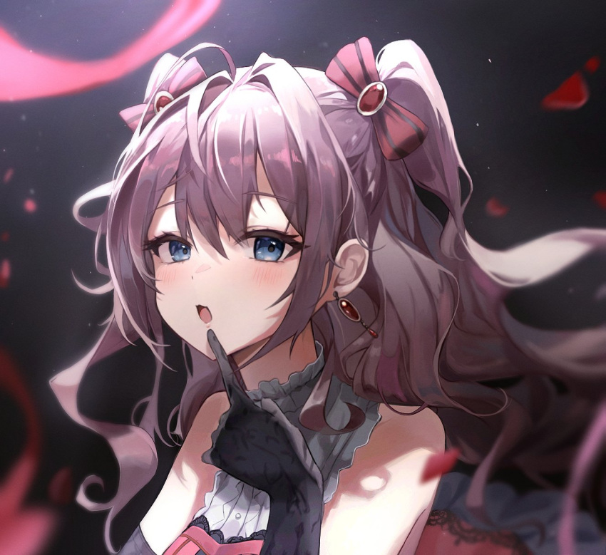 1girl, ahoge, bangs, black_gloves, blue_eyes, blurry, blurry_background, blurry_foreground