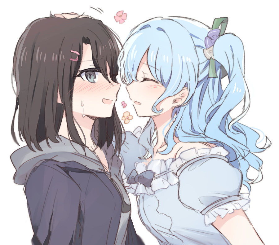 2girls, aoiro_050, bang_dream!, bangs, black_hair, blush, character_hair_ornament, closed_eyes