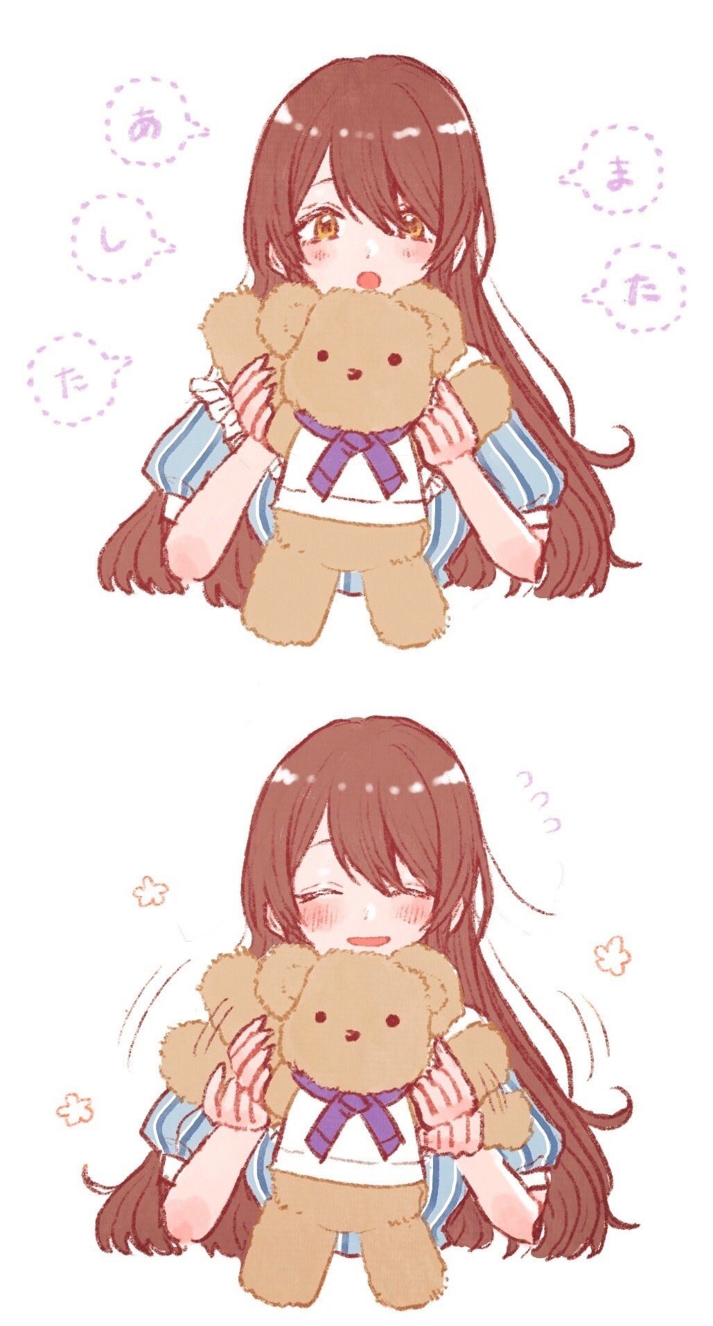 1girl, :o, ^_^, ^o^, anam95, blush, closed_eyes, cropped_torso, doll, floral_print, highres, holding, holding_doll, idolmaster, idolmaster_shiny_colors, long_hair, looking_at_viewer, motion_lines, multiple_views, osaki_tenka, puffy_short_sleeves, puffy_sleeves, redhead, shirt, short_sleeves, smile, speech_bubble, straight_hair, striped, striped_shirt, stuffed_animal, stuffed_toy, teddy_bear, translated, upper_body, very_long_hair, waving
