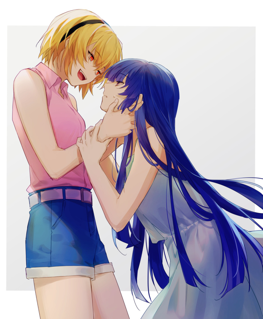 2girls, :d, araratake, bangs, belt, black_hairband, blonde_hair, blue_hair