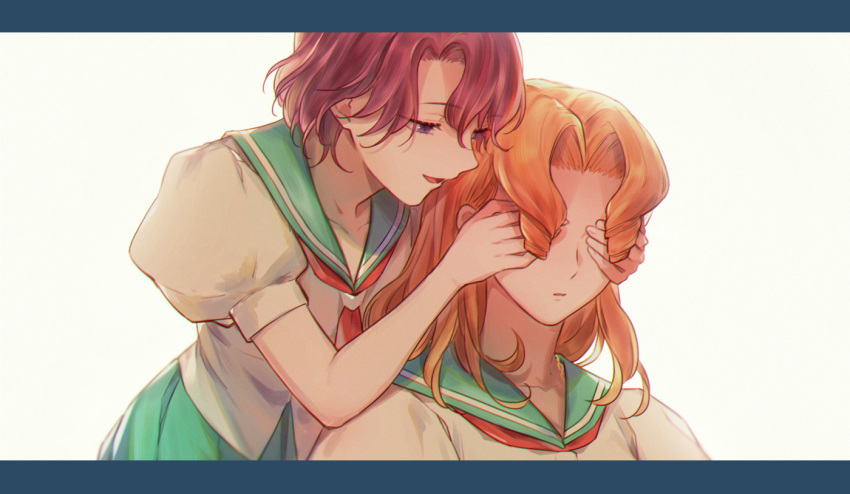2girls, araratake, arisugawa_juri, bangs, brown_hair, collarbone, commentary, covering_another's_eyes