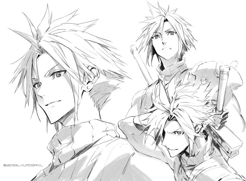 1boy, armor, asymmetrical_hair, buster_sword, cloud_strife, earrings, fighting_stance, final_fantasy