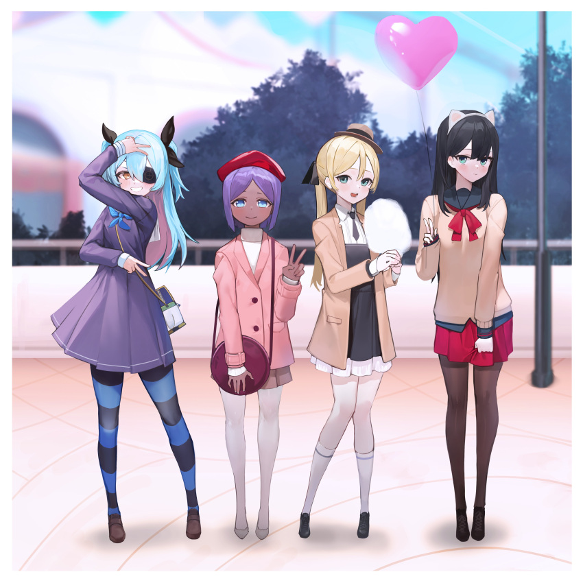 4girls, absurdres, alternate_costume, andvari_(last_origin), animal_ears, aqua_hair, balloon, black_hair