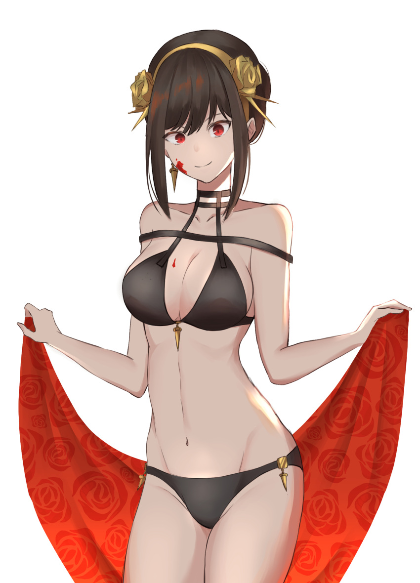 1girl, adapted_costume, bikini, black_bikini, black_hair, blood, blood_on_face, breasts