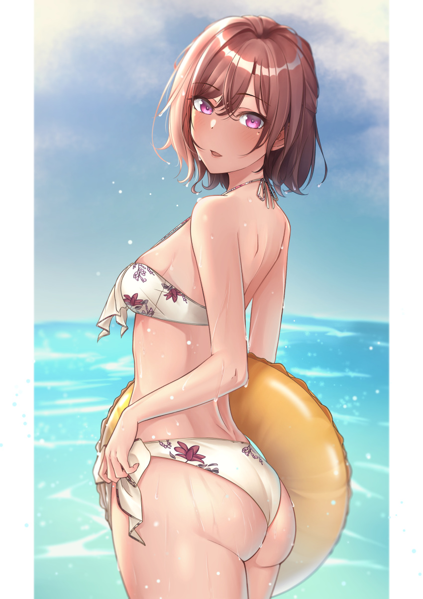 1girl, absurdres, ass, bangs, bikini, blue_sky, brown_hair, clouds