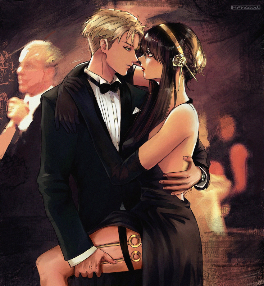 1boy, 1girl, arm_around_shoulder, artist_name, bare_shoulders, black_bow, black_bowtie, black_dress