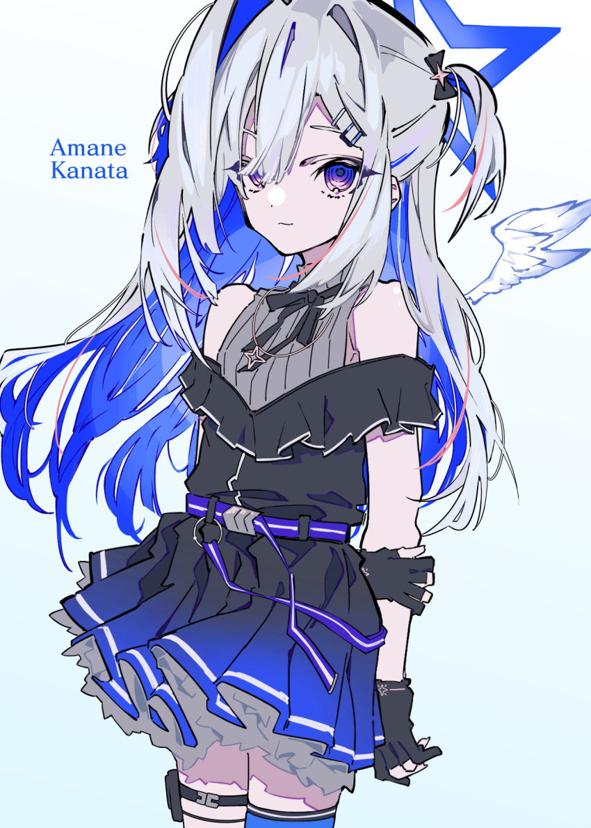 1girl, amane_kanata, angel, angel_wings, asymmetrical_bangs, asymmetrical_hair, bangs, black_skirt