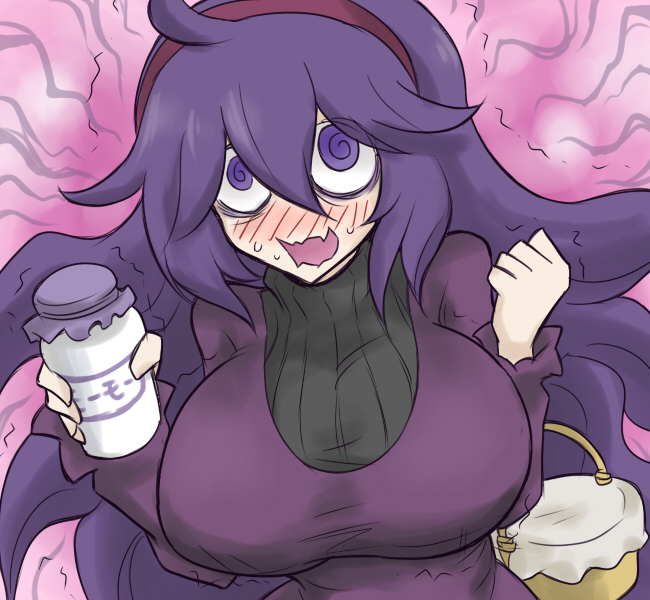 1girl, @_@, ahoge, bags_under_eyes, black_dress, bottle, breasts, dress