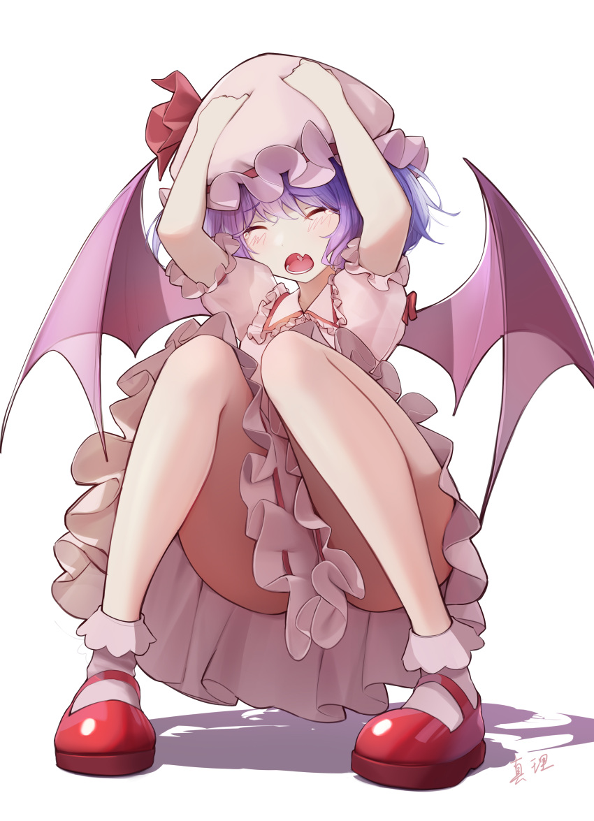 1girl, absurdres, bangs, blue_hair, blue_skirt, closed_eyes, demon_wings, dress
