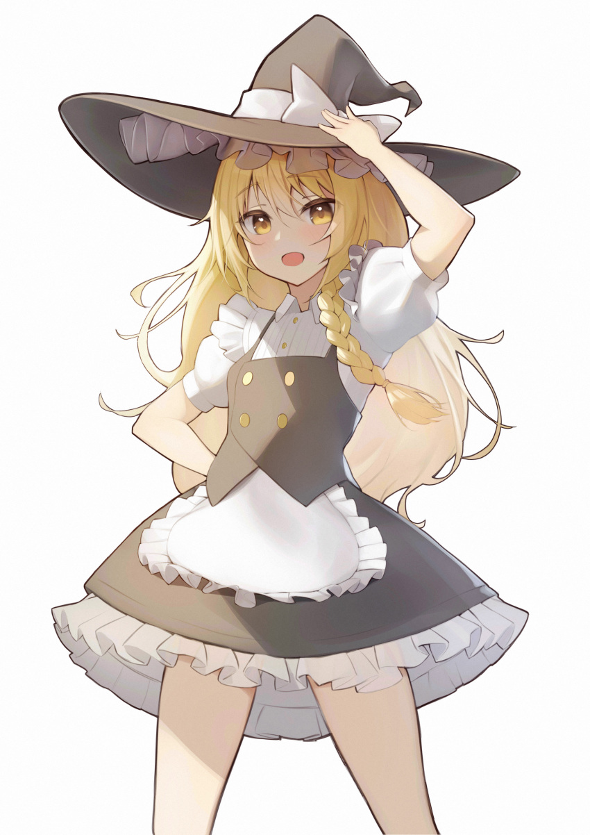 1girl, :d, absurdres, apron, bangs, black_dress, blonde_hair, braid, dress, frilled_apron, frilled_dress, frills, hat, highres, kirisame_marisa, long_hair, looking_at_viewer, open_mouth, pinafore_dress, risa_(pixiv23908854), shirt, short_sleeves, simple_background, smile, solo, touhou, white_background, white_shirt, witch, witch_hat, yellow_eyes