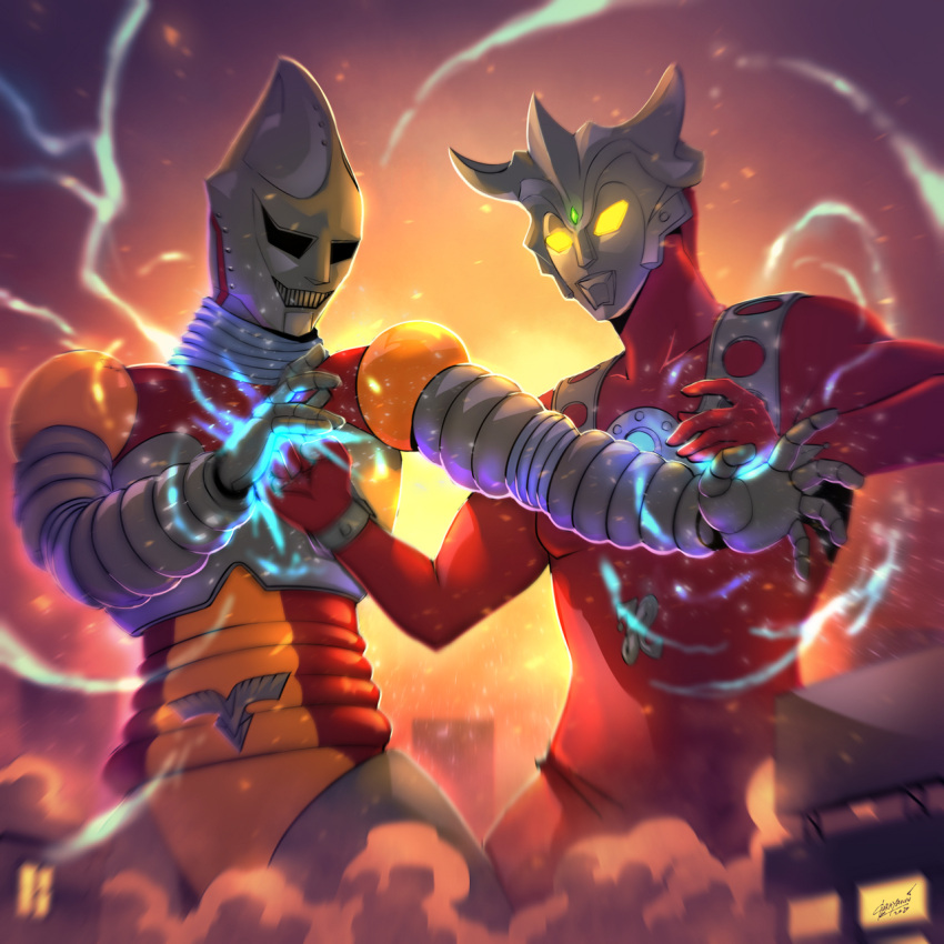 2boys, alien, battle, color_timer, commission, copyright_request, crossover, fighting