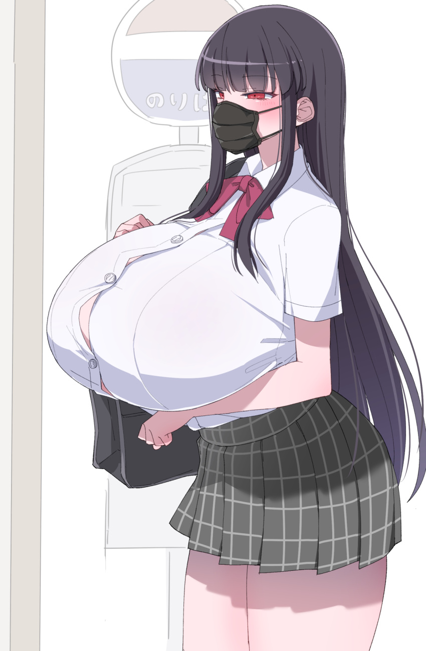 1girl, akitokage, arm_under_breasts, bag, bangs, black_bag, black_hair, blunt_bangs