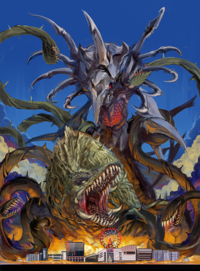 absurdres, biollante, blue_sky, colored_sclera, day, explosion, gamera_(series), godzilla_(series), highres, jaws, kaijuu, legion_(gamera), no_humans, no_pupils, okbnkn, open_mouth, outdoors, red_sclera, sharp_teeth, sky, teeth, tokusatsu