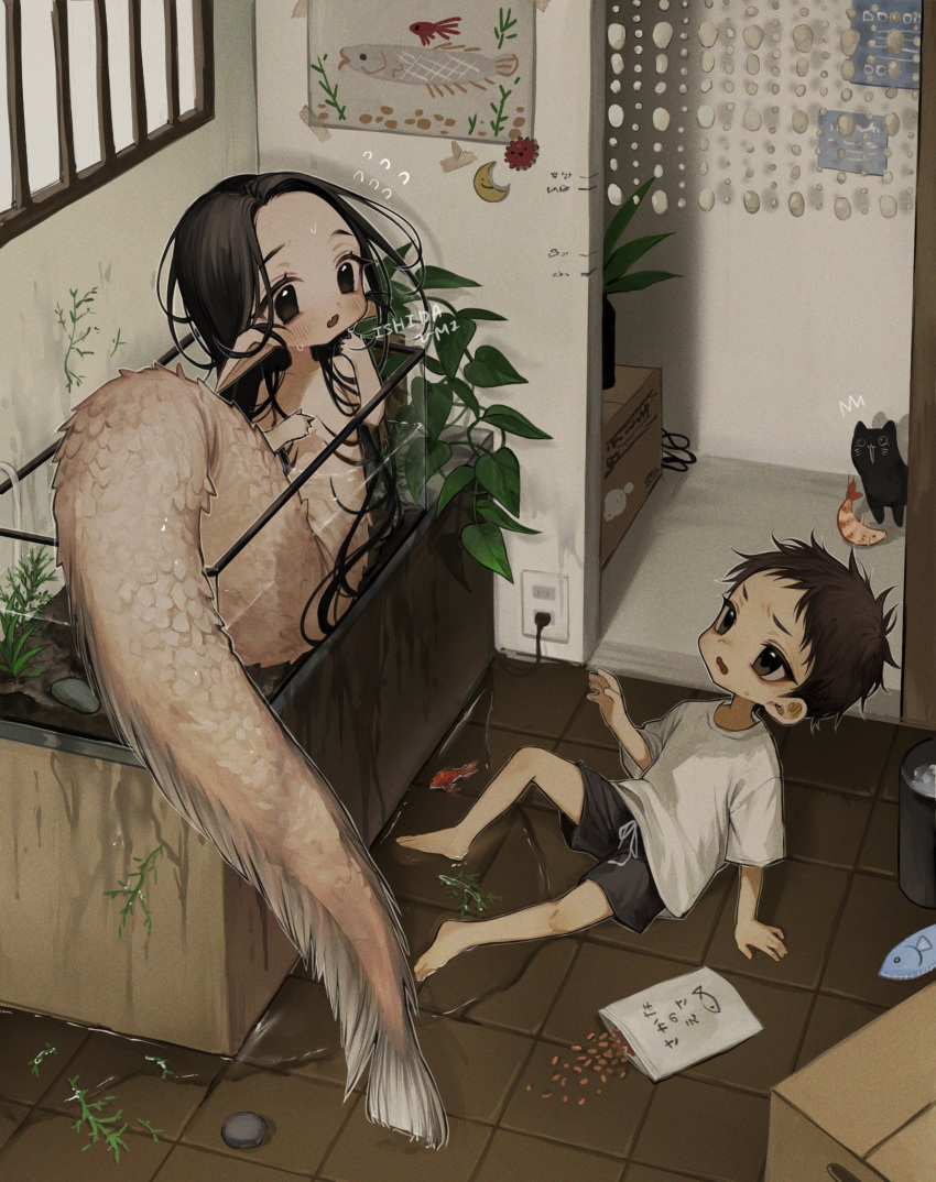 1boy, 1girl, arm_support, artist_name, bag, barefoot, bathing, bead_curtain