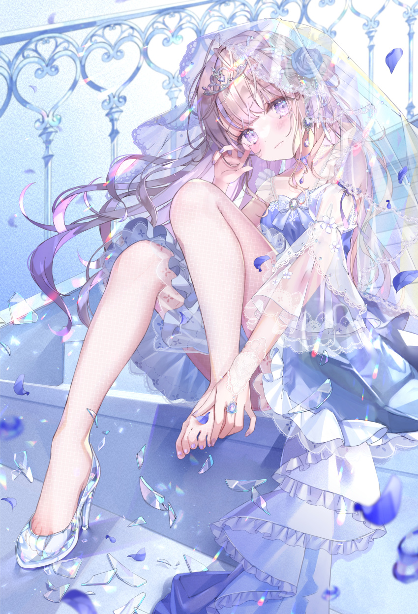 1girl, absurdres, bangs, barefoot, blue_dress, blurry, blurry_foreground, blush, bridal_veil, broken_glass, dress, feet, flower, full_body, glass, glass_slipper, gradient_hair, hair_flower, hair_ornament, head_tilt, high_heels, highres, holding_own_foot, legs, long_hair, looking_at_viewer, multicolored_hair, nail_polish, original, petals, pink_hair, purple_hair, see-through_sleeves, shiori_(xxxsi), shoes, single_shoe, sitting, solo, stairs, tiara, toe_cleavage, toenail_polish, toenails, toes, veil, violet_eyes, wide_sleeves