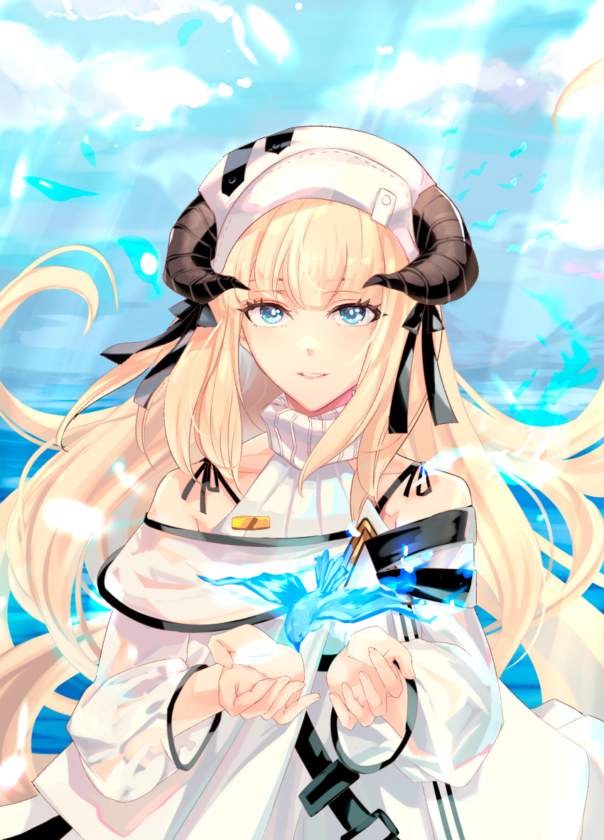 1girl, absurdres, arknights, bangs, bare_shoulders, beret, bird, black_ribbon