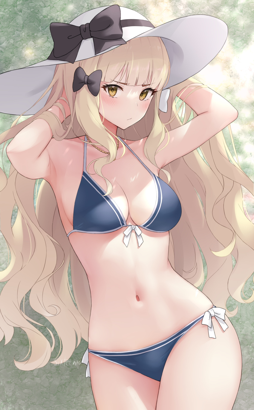 1girl, absurdres, arms_behind_head, bikini, black_bow, blonde_hair, blue_bikini, blush
