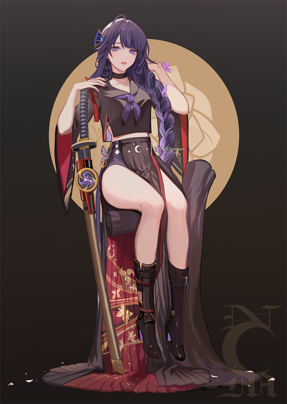 1girl, alternate_costume, artist_name, black_background, black_skirt, boots, braid, braided_ponytail