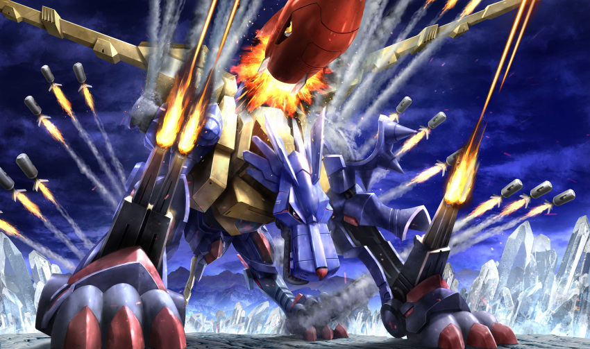 absurdres, animal, animal_focus, armor, blue_sky, claws, commentary_request, crystal, digimon, digimon_(creature), highres, legs_apart, mechanical_wings, metalgarurumon, missile, neocity222, no_humans, outdoors, red_eyes, rocket_launcher, sky, weapon, wings
