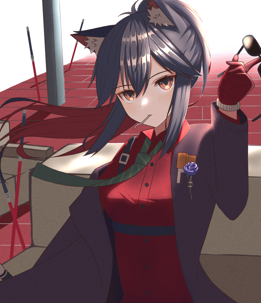 1girl, animal_ear_fluff, animal_ears, arknights, black_hair, black_jacket, blue_flower, blue_rose
