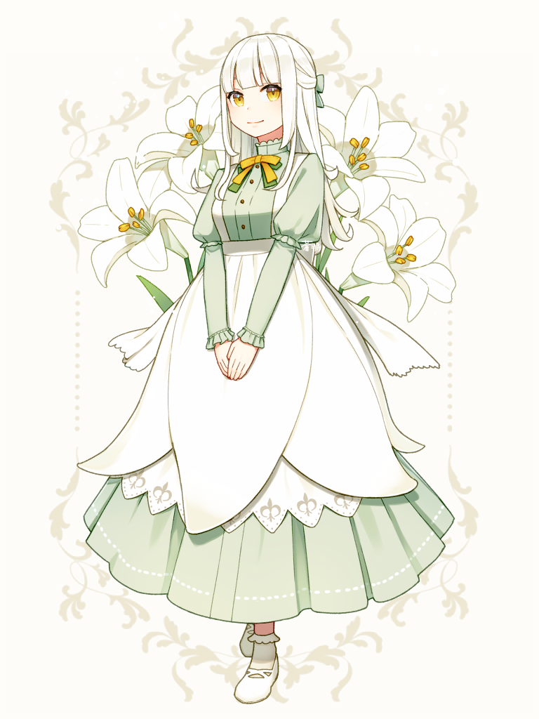 1girl, aona_(noraneko), back_bow, bangs, blunt_bangs, bobby_socks, bow, cross-laced_footwear, crossed_ankles, dress, flower, hair_bow, hair_ornament, hairpin, high_collar, juliet_sleeves, long_hair, long_sleeves, looking_at_viewer, original, personification, pinafore_dress, pleated_dress, puffy_sleeves, ribbon, smile, socks, solo, v_arms, white_hair, white_lily, yellow_eyes