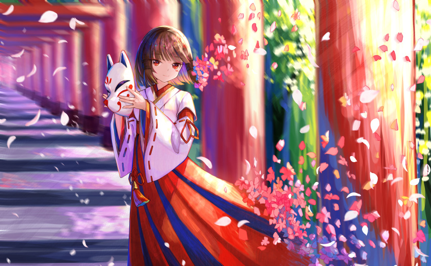 1girl, absurdres, cherry_blossoms, fox_mask, genshin_impact, highres, japanese_clothes, kazari_(genshin_impact)
