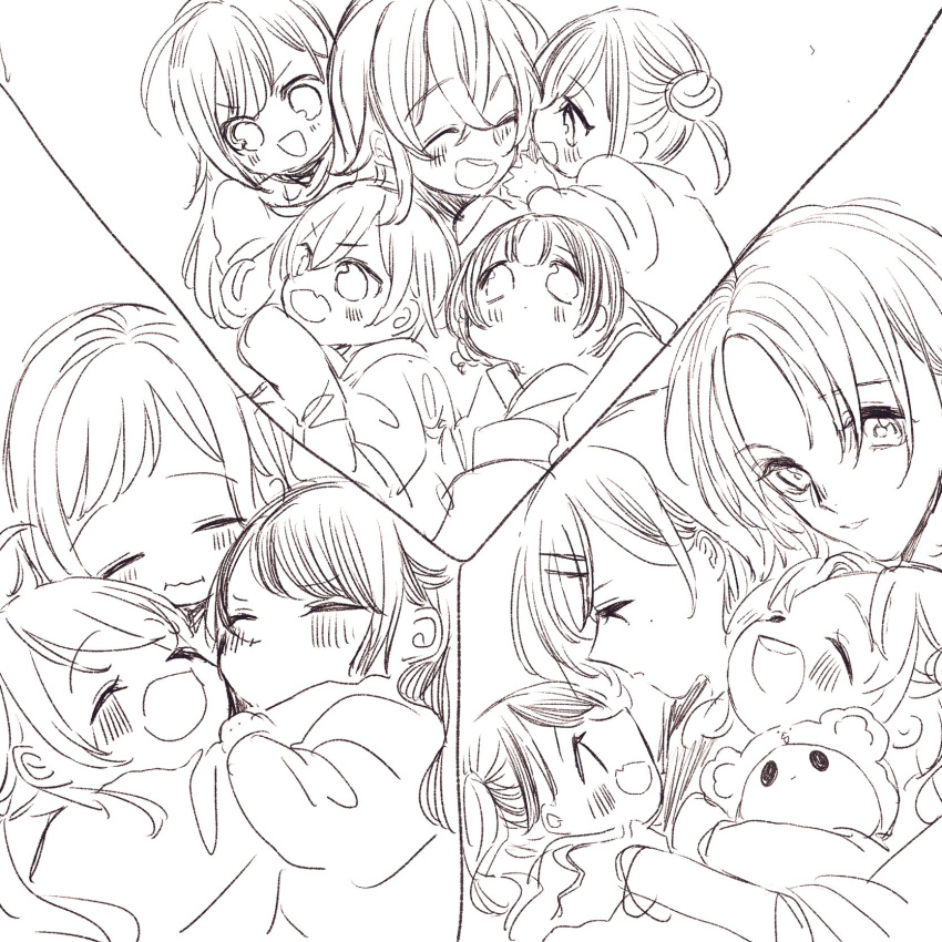 6+girls, :o, ^_^, ^o^, arisugawa_natsuha, asakura_toru, blush, chibi, closed_eyes, eye_contact, fukumaru_koito, greyscale, hachimiya_meguru, highres, higuchi_madoka, houkago_climax_girls_(idolmaster), hug, ichikawa_hinana, idolmaster, idolmaster_shiny_colors, illumination_stars_(idolmaster), kazano_hiori, komiya_kaho, looking_at_another, monochrome, morino_rinze, multiple_girls, noctchill_(idolmaster), saijo_juri, sakuragi_mano, shnnnnrn1, simple_background, sonoda_chiyoko, younger