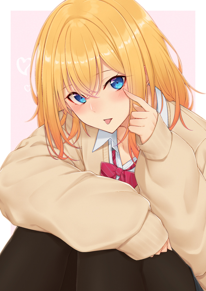 1girl, :p, absurdres, akanbe, arm_on_knee, bangs, blonde_hair, blue_eyes