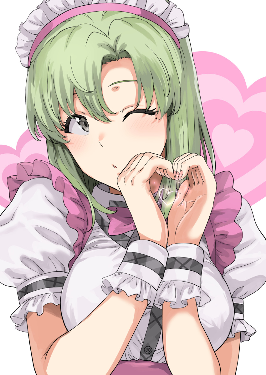 1girl, blush, breasts, cuffs, eyebrows, green_hair, grey_eyes, heart