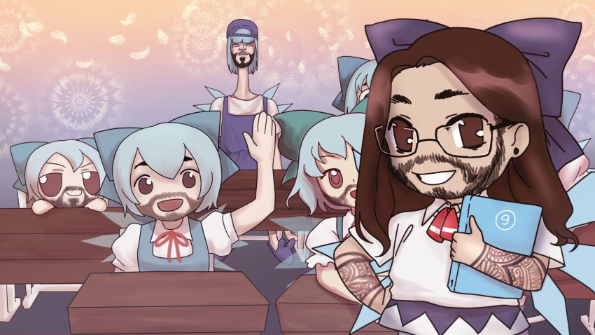 artist_request, beard, blue_dress, blue_hair, book, cirno, cirno_(cosplay), collared_shirt